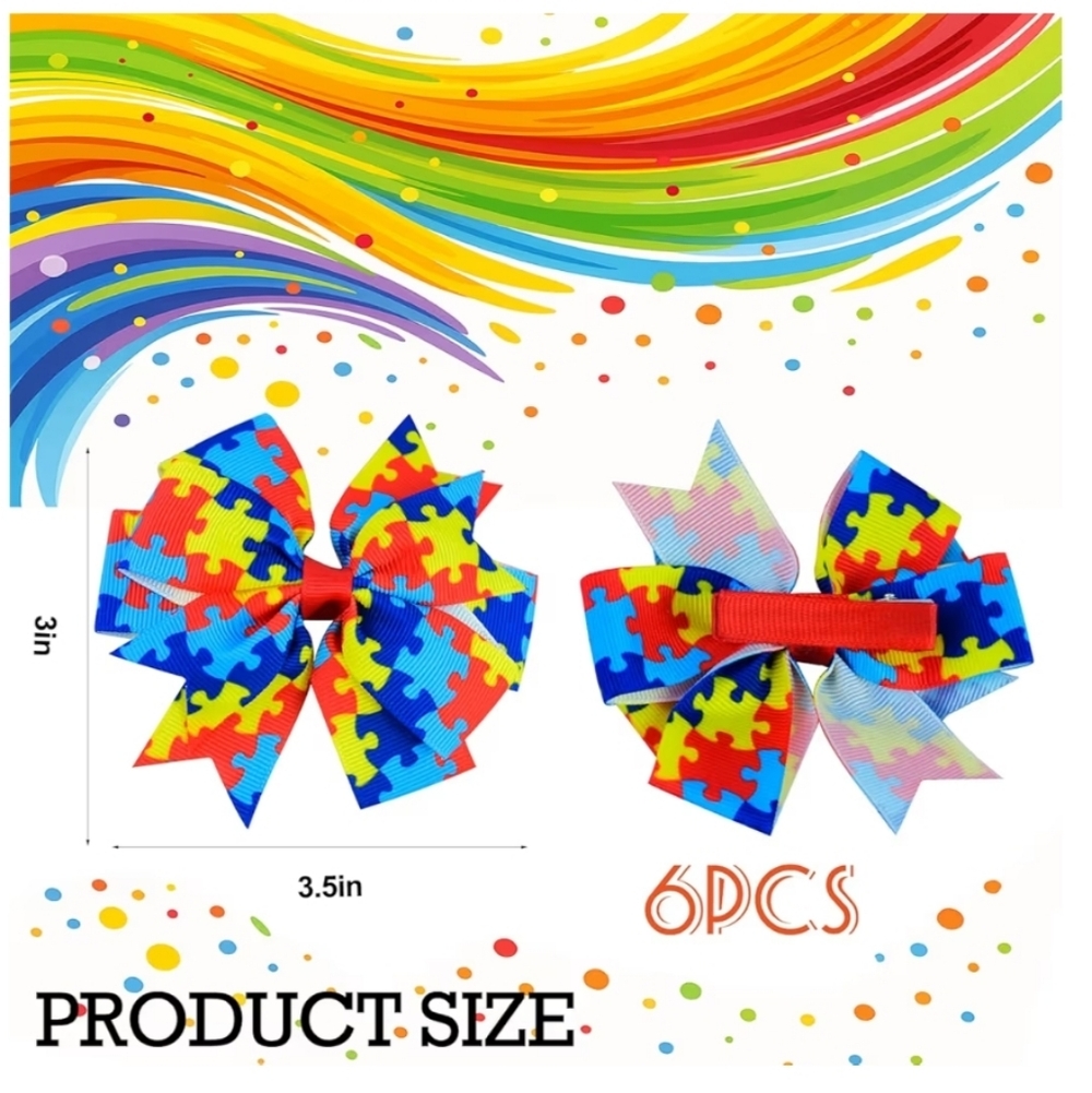 6PCS Autism Awareness Hair Bows - Picture 2 of 8